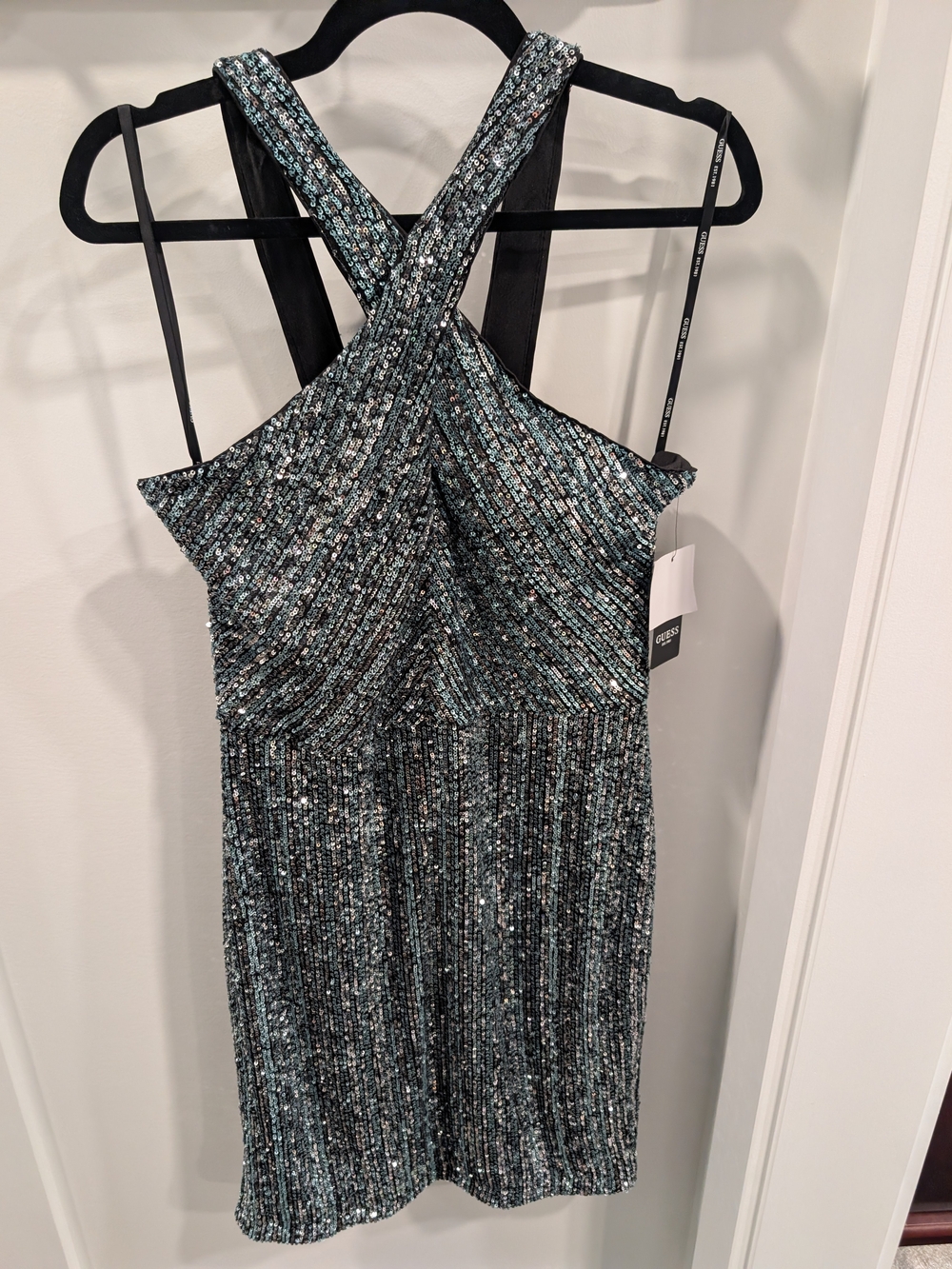 Guess Sparkling Cross-Back Sequin Mini Dress - Teal/Black